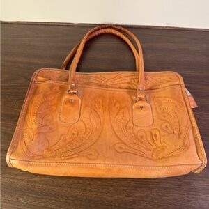 Vintage Hand Tooled Leather Satchel Purse Western Floral Tooled Bag BxA